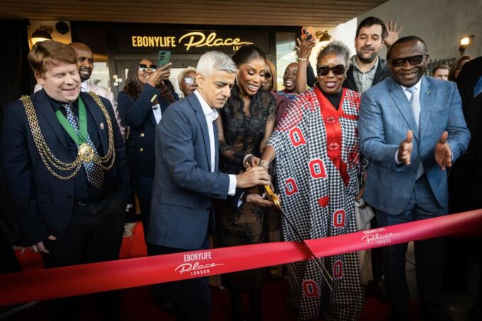 Mayor of London Sadiq Khan cuts the ribbon to open EbonyLife Place near Nine Elms in south-west London, alongside its founder, Nigerian media entrepreneur Mo Abudu.