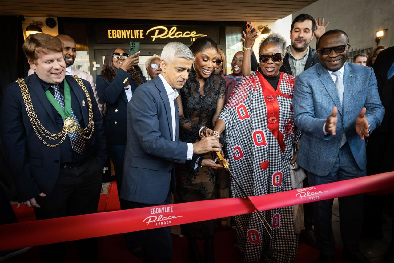 Mayor of London Sadiq Khan cuts the ribbon to open EbonyLife Place near Nine Elms in south-west London, alongside its founder, Nigerian media entrepreneur Mo Abudu.