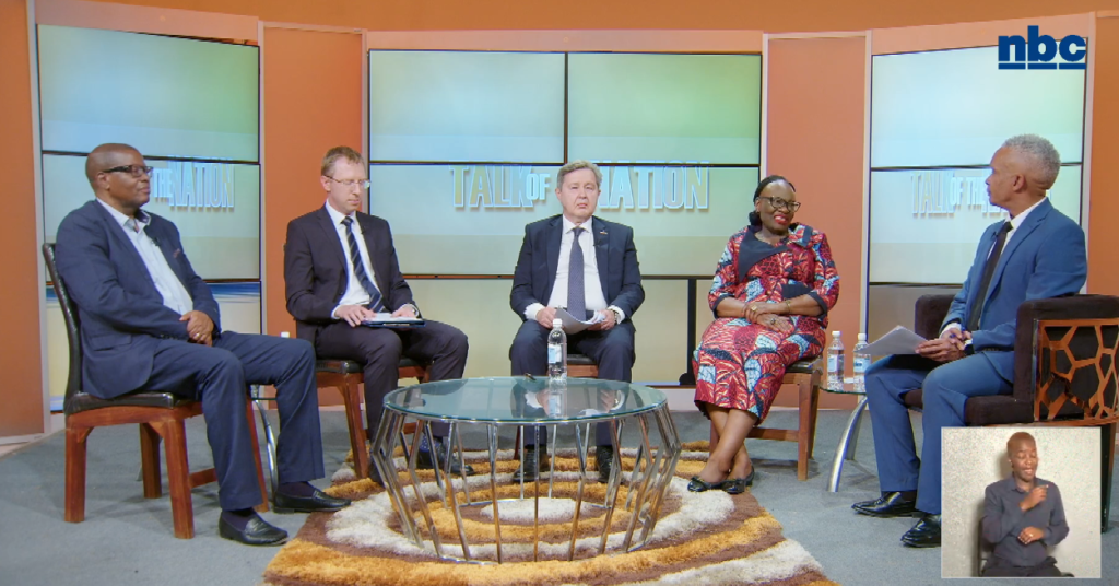 Namibia’s Minister of International Relations and Trade, Selma Ashipala Musavyi, Russian Ambassador Dmitry Lobach, Russian Embassy Senior Counsellor Anton Chirva, public policy analyst Dr Marius Kudumo and Rosatom representatives during NBC Digital News’ Talk of the Nation discussion on the Russia Africa Summit 2026. Photo: NBC Digital News