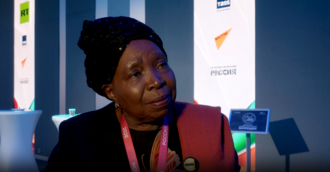 Former AU Commission chairperson Dr Nkosazana Dlamini-Zuma with The African Daily editor Adekunle Owolabi on the sidelines of the third Russia-Africa Summit in Moscow. Photo: Supplied