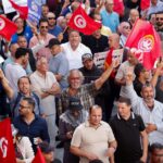 Demonstrators take part in a protest led by the Tunisian General Labour Union (UGTT), demanding the restoration of democracy and denouncing mounting restrictions on freedoms, intensifying pressure on President Kais Saied amid a deepening economic and political crisis, in Tunis, Tunisia, October 17, 2026. REUTERS/Zoubeir Souissi