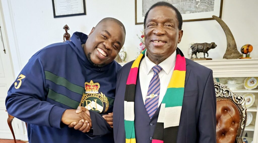 Zimbabwean President Emmerson Mnangagwa shares a moment with businessman Wicknell Chivayo